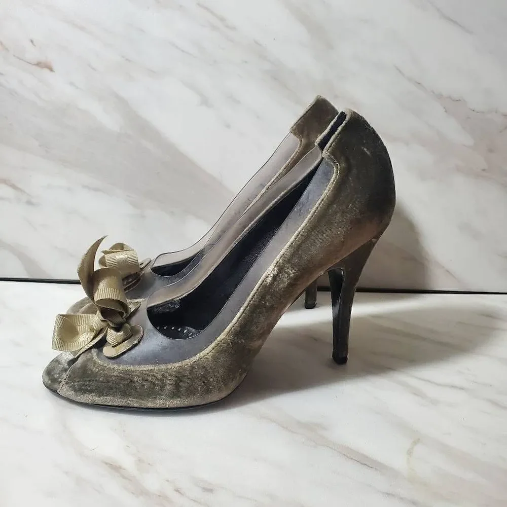 Stella McCartney Olive Green‎ Velvet Bow Peep Toe Heels Size 37 7